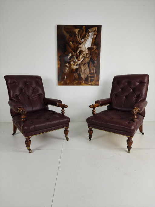 Pair of Antique Library Chairs - Original William Morris & Co Edinburgh Stamped Armchairs – fauteuils, Leather