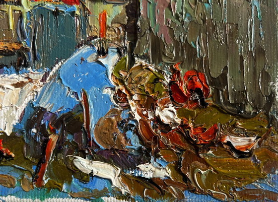 Image 1 of Original Oil Painting Winter Houses Landscape Frosty morning in the village