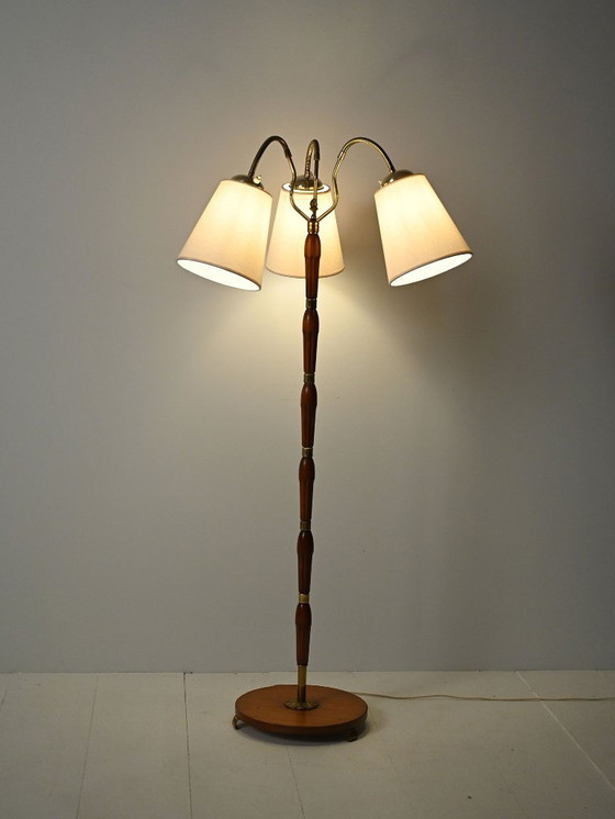 Image 1 of Three-arm teak and brass floor lamp, Scandinavia, 1940s–50s