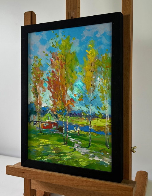 Original Oil Painting Autumn Village Landscape In The Silence Of The Birch Grove