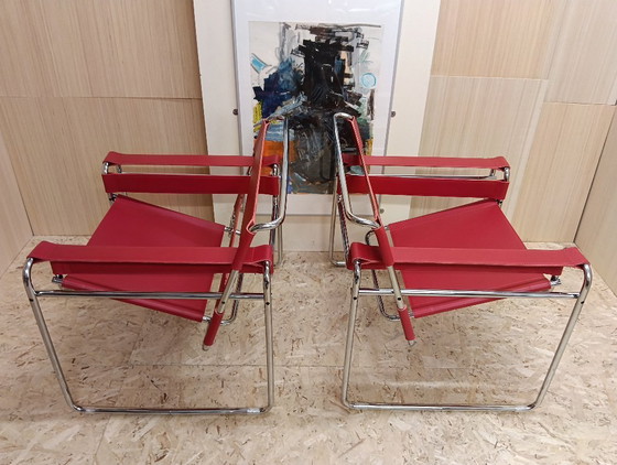 Image 1 of KNOLL Studio Set van 2 WASSILY B3 fauteuils (NIEUW) in rood leer