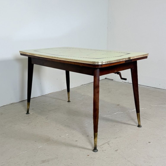 Mid-Century Adjustable Crank Table / Dining table & Coffee Table – 1950s – Wood, Brass (photo 5 of 13)