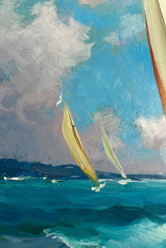Image 1 of Origineel olieverfschilderij: Zomers zeelandschap, zeilvakantie op zee