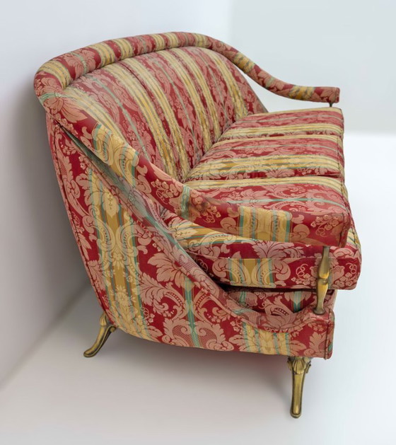 Image 1 of Franse Art Dèco-stijl bank van messing en stof, jaren 50