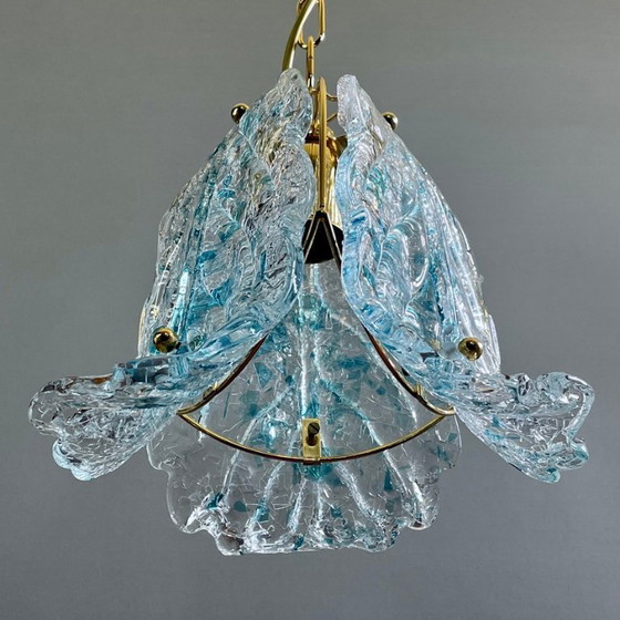Image 1 of 1990s Murano glass pendant light three leaves with blue glass shards. New old stock. Never used.