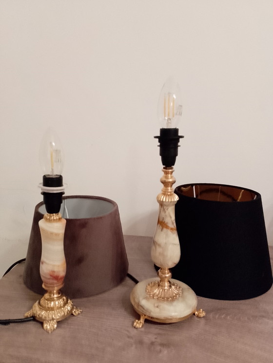 Image 1 of Set of 2 vintage neo-classical style bronze and onyx lamps, fully restored