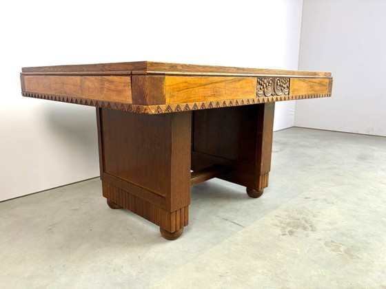 Table de salle à manger en marqueterie de chêne, années 1940 - France – Tables de salle à manger, Wood (photo 8 of 12)