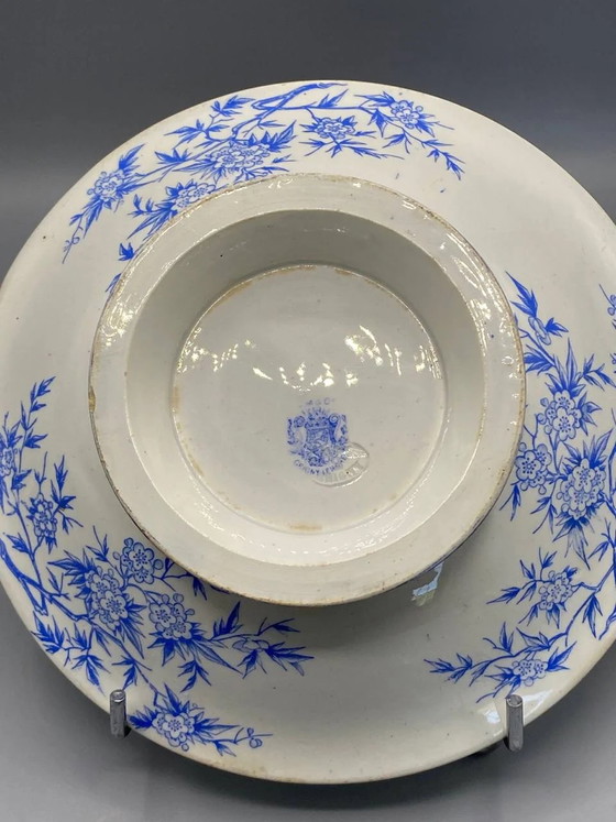 Antique Creil et Montereau Fine Earthenware Compote Dish, Blue Japonisme Decor, Bamboo and Plum Tree (photo 4 of 7)