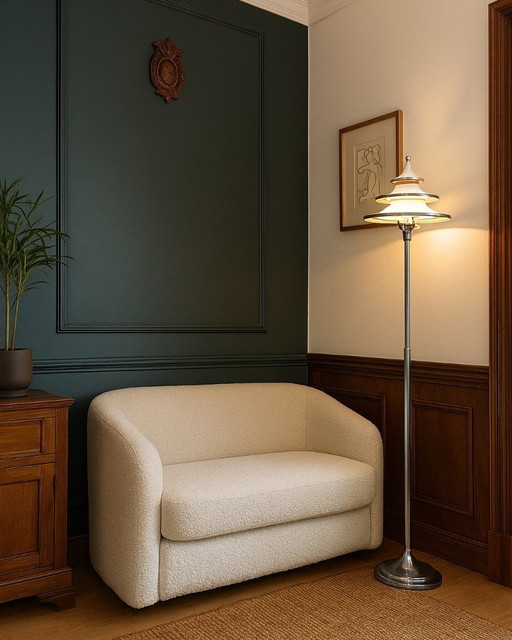 1930s Art Déco floor lamp in lacquered aluminum and chrome