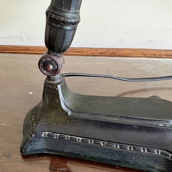 Image 1 of Art Deco desk lamp, table lamp with frosted glass, carved shade.