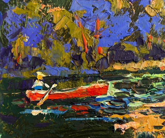 Image 1 of Original Oil Painting Autumn River Landscape Evening boat ride