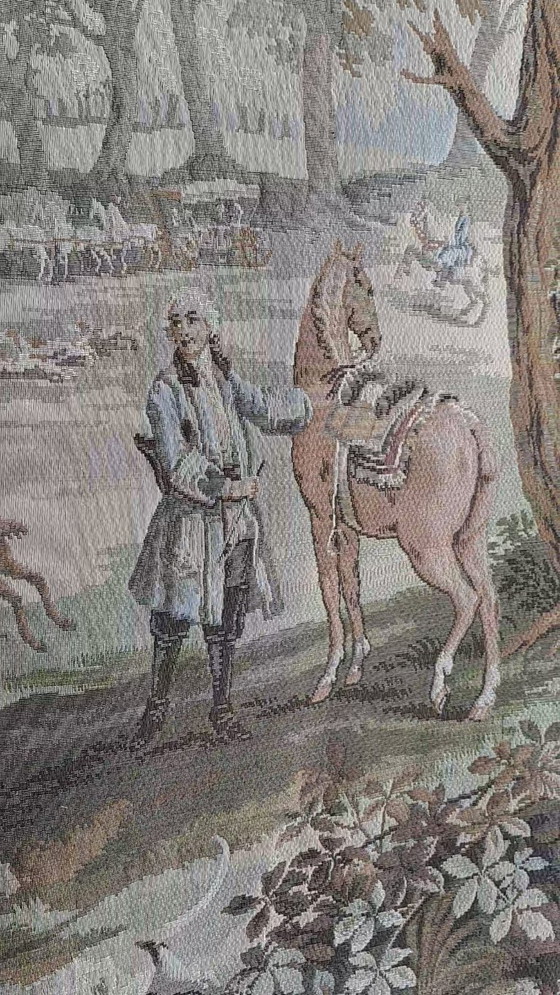 Image 1 of Large custom-made Jules Pansu French tapestry with 18th-century royal hunting scene 'en Forêt de Compiègne' 390 x 157 cm