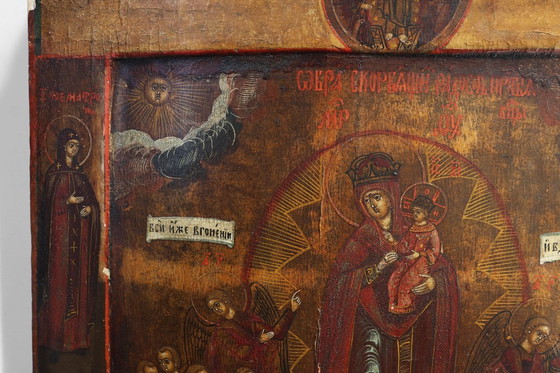 Image 1 of Icona religiosa tradizionale del XIX secolo in legno di quercia Madre di Dio, gioia di tutti i dolenti