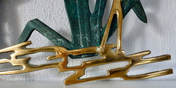 Image 1 of Decorazione murale vintage in ottone con due gru tra le canne.