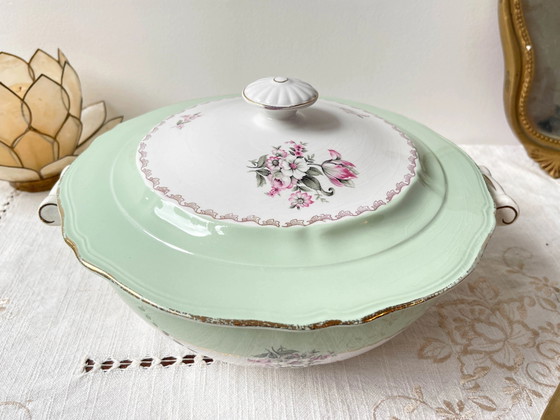 Vintage 1950s L'Amandinoise Frankrijk Astrid Model Bloemen Wit en Groen Porseleinen Soepterrine – Servies (photo 2 of 11)