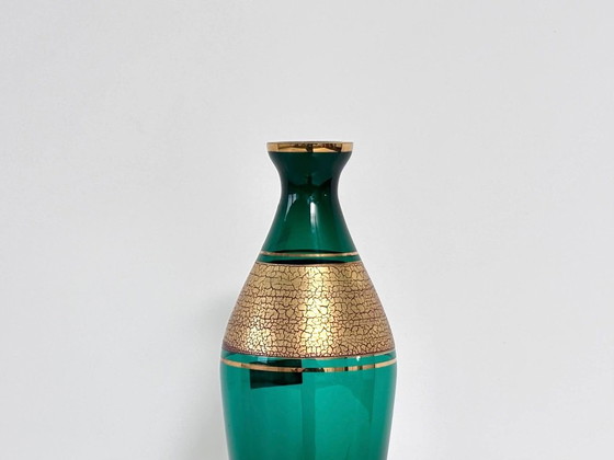 Elegant Vintage Glass Vase by Glashütte Barthmann, Regenhütte, Gold Brocade, Barth-Gold-Mann, Green (photo 8 of 9)