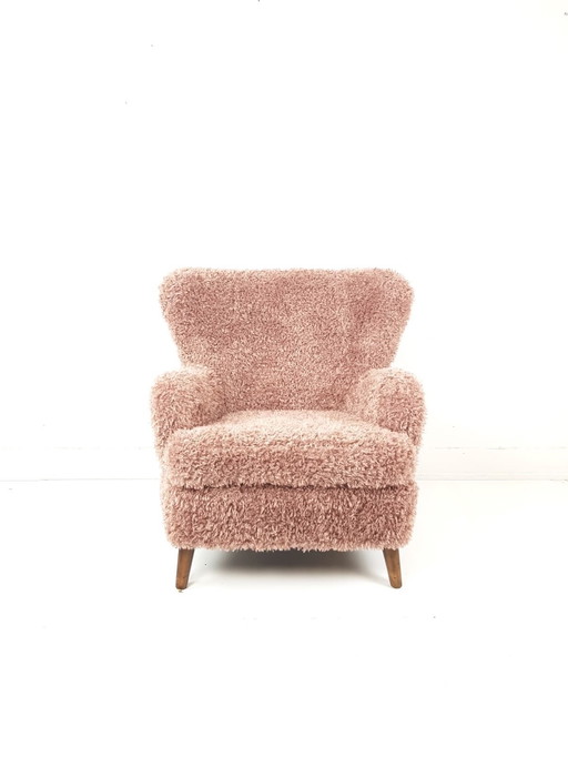 Vintage armchair newly upholstered pink soft doodle fabric
