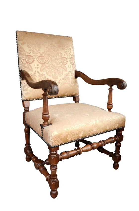 Sessel im Stil Louis XIII, handgefertigt, antik, 65 x 60 x 109 cm – Textile, Wood (photo 14 of 14)