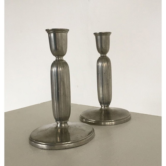 Image 1 of Pair of vintage Art Deco pewter candlesticks by Just Andersen