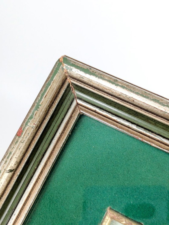 Image 1 of Vintage Robin Oil Painting, Blossoms, Green Velvet Mat, Signed