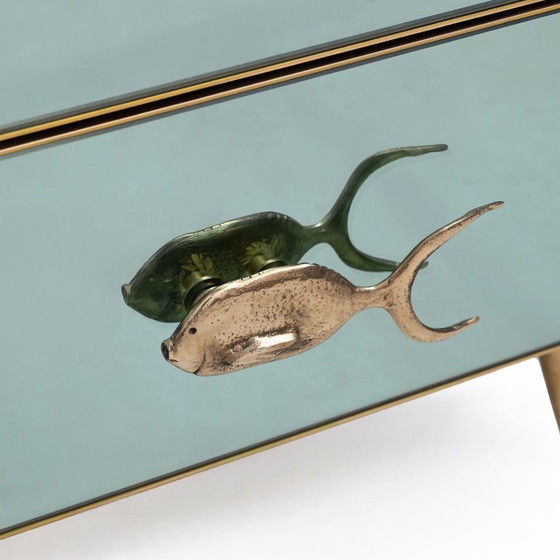 Pair Of Mid-Century Aqua Green Mirrored Glass Nightstands With Brass Fish Handle (photo 4 of 9)