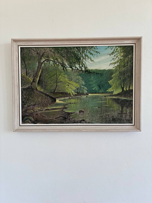 Peinture à l'huile vintage représentant un lac en forêt, paysage forestier