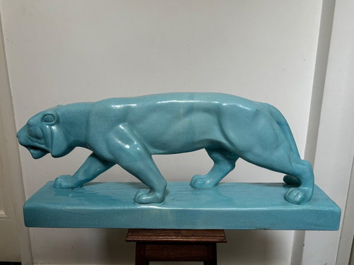 Gran puma de cerámica, intacto, turquesa, original Art Déco 1920-1939 L&V Ceram