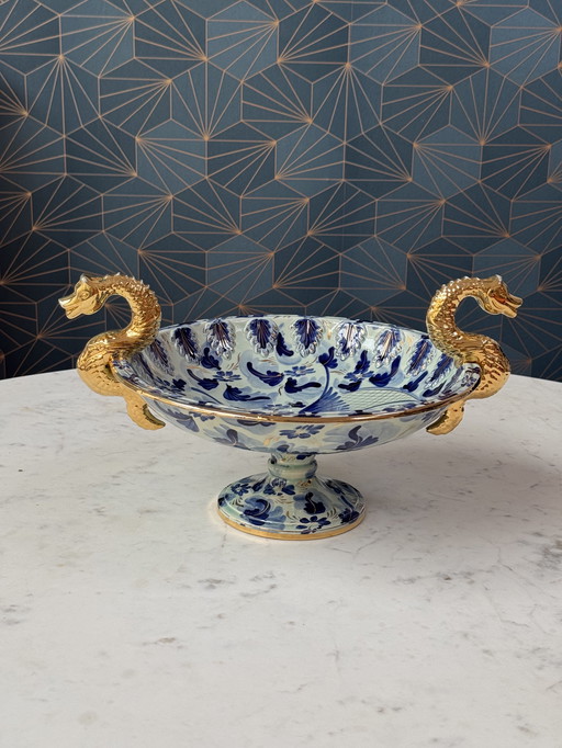 Large H. Bequet Hand-Painted Bowl with Gilded Dragon Handles