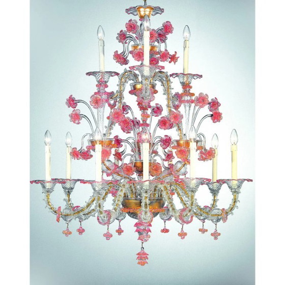 Image 1 of Luxuriöser Kronleuchter aus rosa und transparentem venezianischem Muranoglas