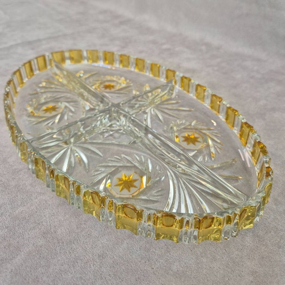 Image 1 of Bandeja ovalada de 4 secciones Walther Glas, detalles en oro y ámbar, bandeja decorativa de cristal, 31,5 cm, excelente estado.