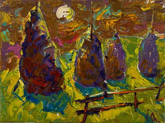 Original Oil Painting Summer Morning Landscape Bright Night Over The Field – Paintings & Drawings, Canvas (photo 3 of 8)