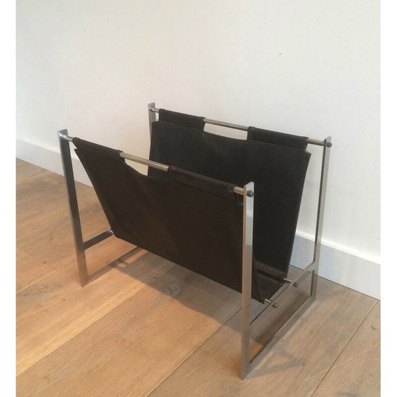 Image 1 of Vintage brushed steel and leather magazine rack, 1970