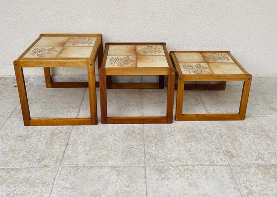 Image 1 of Set of 3 vintage nesting coffee tables in teak and earthenware, 1960