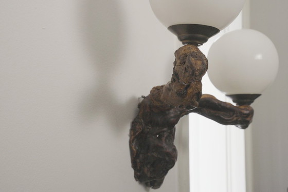 Image 1 of  Vintage Driftwood Wall Lamp Double Opaline Globe Sconce Vine Root Light Fixture Organic Brutalist Lighting Handmade Wall Light 