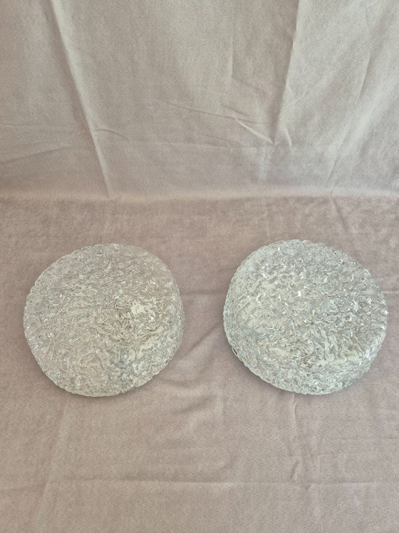 Image 1 of Pair of Glashütte Limburg 2791 Textured Ice Glass Flush Mount Ceiling / Wall Lights, Black Base, E27, Ø24.5 cm, Germany