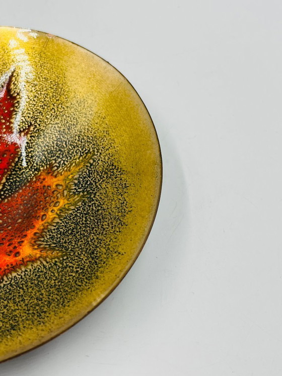 Image 1 of Enamelled leaf trinket tray signed Jules Perrier, artisan from Quebec