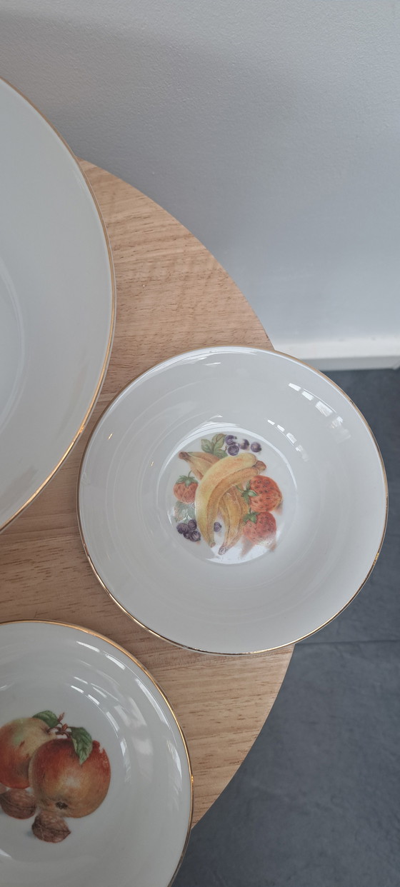 Image 1 of Bavaria Winterling Vintage Pudding Set – 1 ciotola + 4 ciotole piccole – Motivo frutta – Porcellana