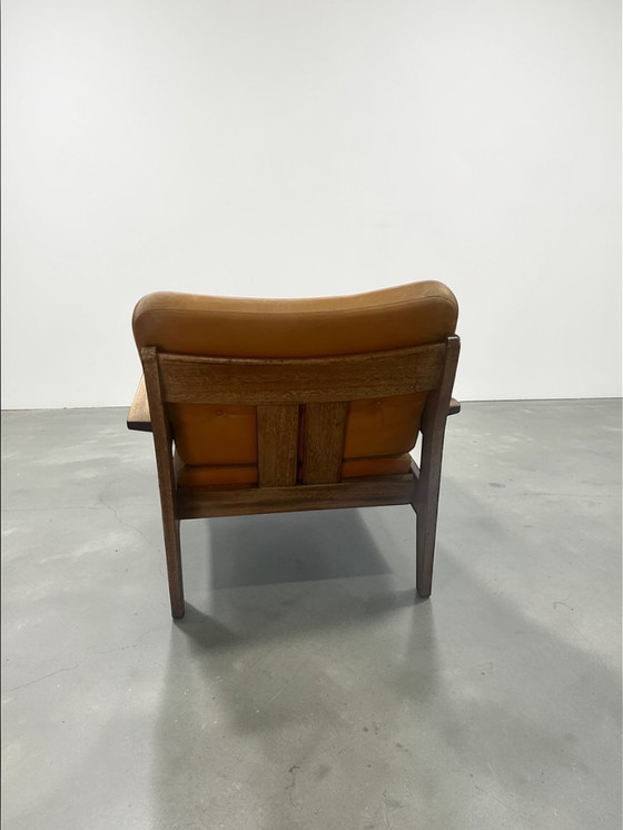 Image 1 of Mid Century Leder Sessel 1970er | Dänischer Vintage Lounge Chair aus Holz & orange Leder | Scandinavian Modern Armchair