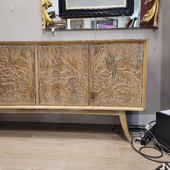 Image 1 of Enfilada / sideboard, following Rafael García Nicolau, carved oak wood, Mid-century, 70’s – Spain