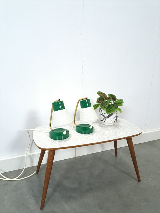 Image 1 of Mid Century set of 2 groene kunststof lamp, nachtlamp, tafellamp