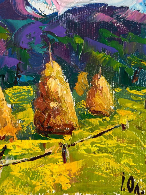 Image 1 of Original Oil Painting Nature Landscape Hills Mowed Hay in the Field