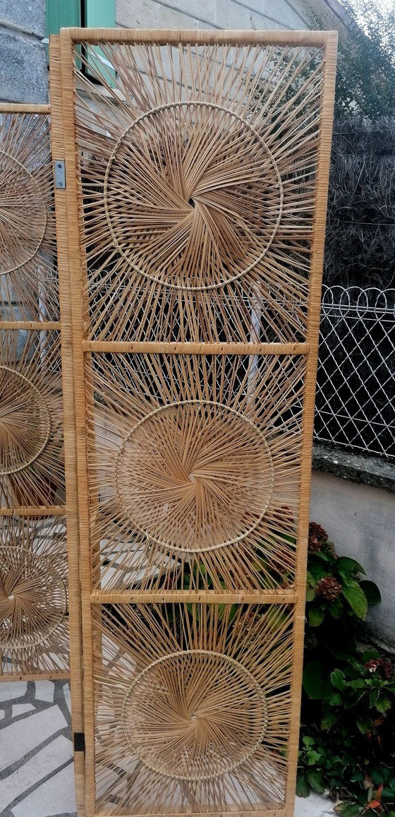 3-panel folding rattan, bamboo, and wood screen, Room screens, Brown, Vintage (photo 6 of 14)