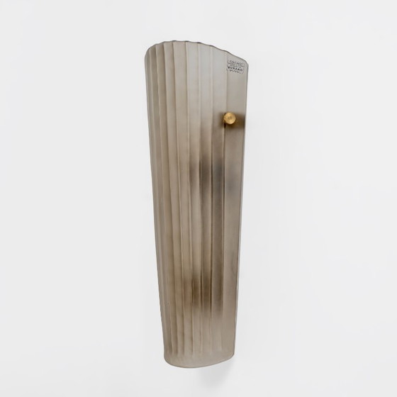 Image 1 of Pair of Murano Glass Wall Sconces Satin Smoke Glass and Brass, Italy