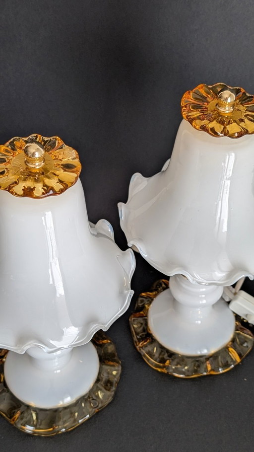 Set van twee tafellampen van Sylcom, gemaakt van Murano-glas – melkwit, amber en goud ✨
