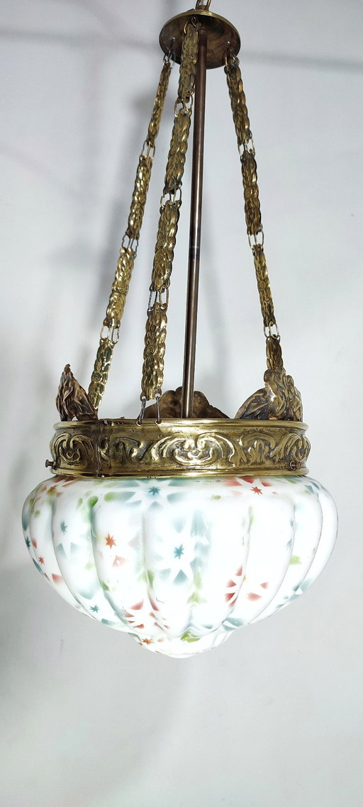 Plafonnier Art Nouveau en laiton et verre. Espagne, années 1930.