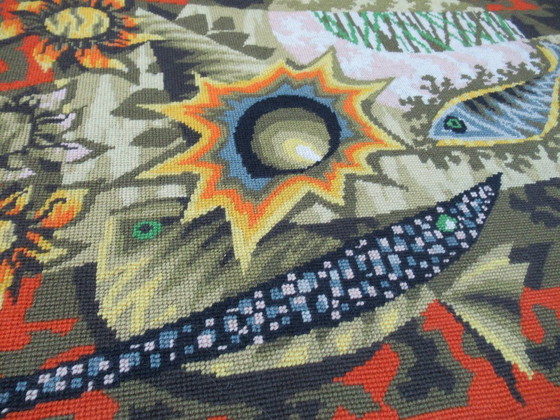 Image 1 of TAPESTRY - JEAN PICART LE DOUX cithare - ROYAL PARIS Handmade 116cm x 48cm on wooden frame 1970s