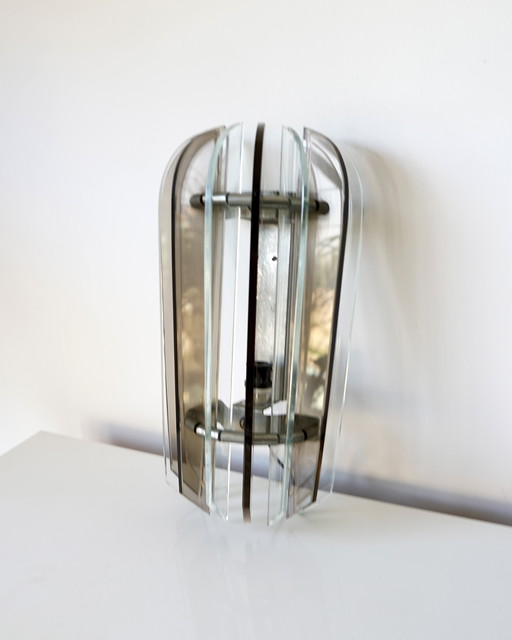 VECA Italian Wall Sconce for Fontana Arte - Chromed Steel and Crystal Glass - 1960s