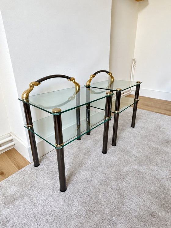 2 vintage side tables/nightstands, Hollywood Regency style, Metal, Glass, Black (photo 2 of 6)