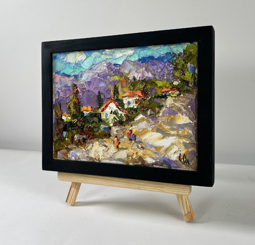 Original Oil Painting Summer Nature Landscape Village among the mountains