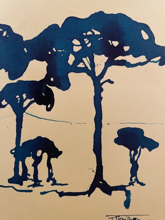 Image 1 of Dipinto ad acquerello monocromatico firmato "Pineta al crepuscolo"